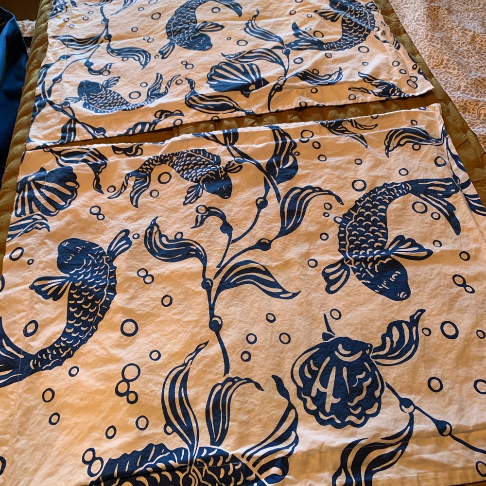 Pottery Barn, 2 Koi Fish, BLUE and WHITE Standard pillow shams. Fish pattern.